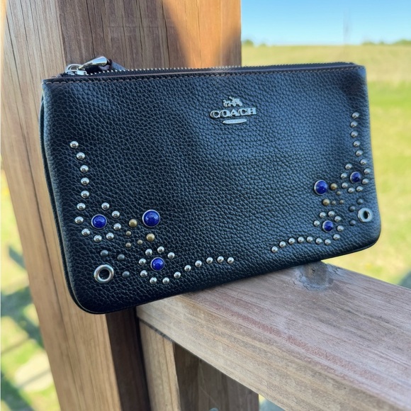 Coach Black Leather Wristlet Blue & Silver Studded - Picture 1 of 6